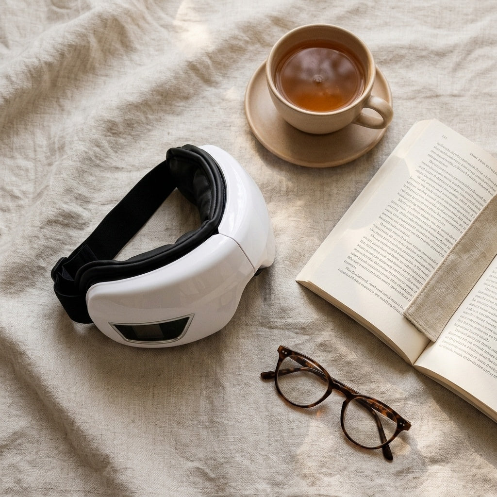 Heated Eye Massager - flat lay with tea