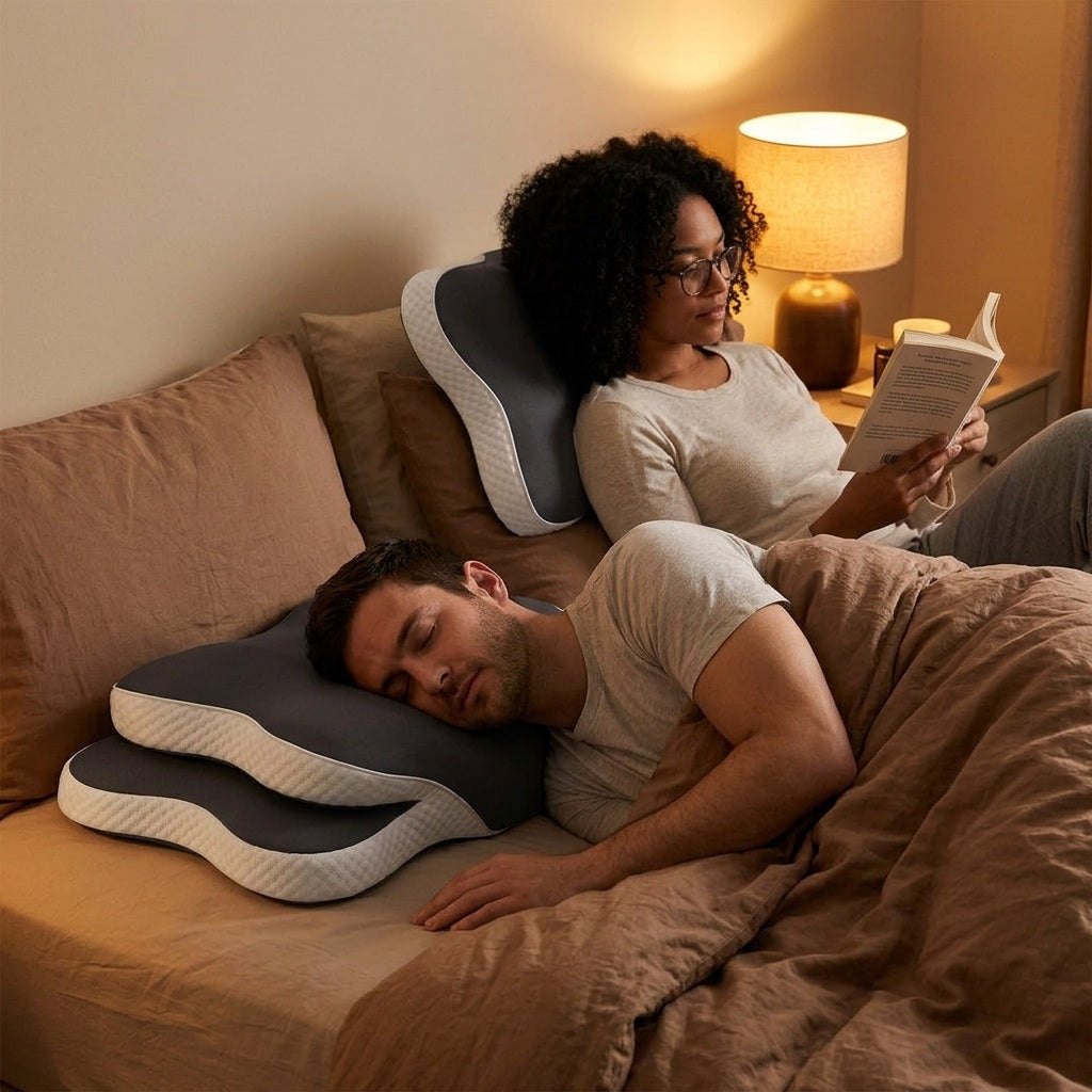 Twee mensen lezen in bed op hun Kuubicle kussen