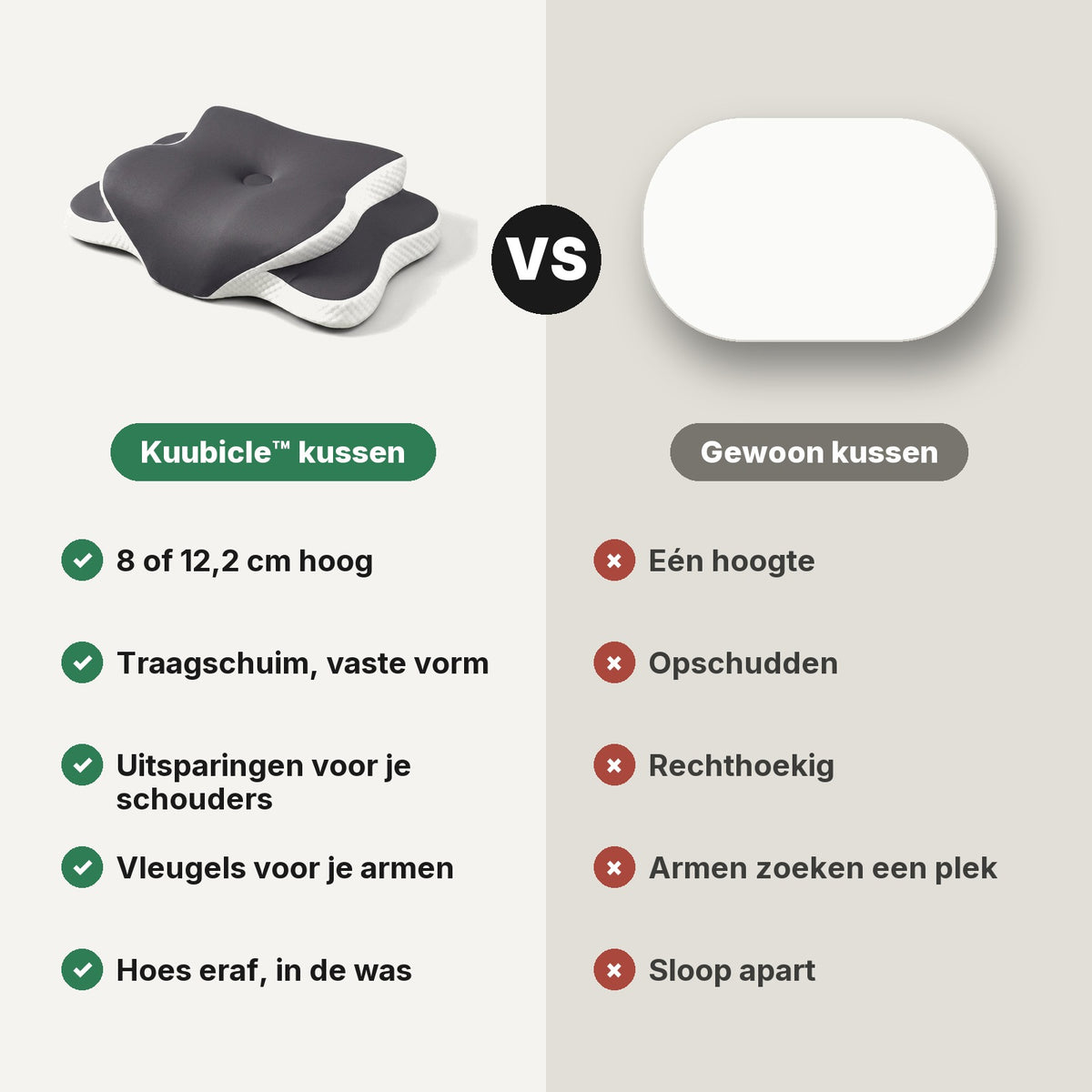 Kuubicle kussen vergeleken met een gewoon kussen