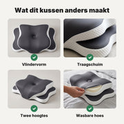 Vlindervorm, traagschuim, twee hoogtes en wasbare hoes