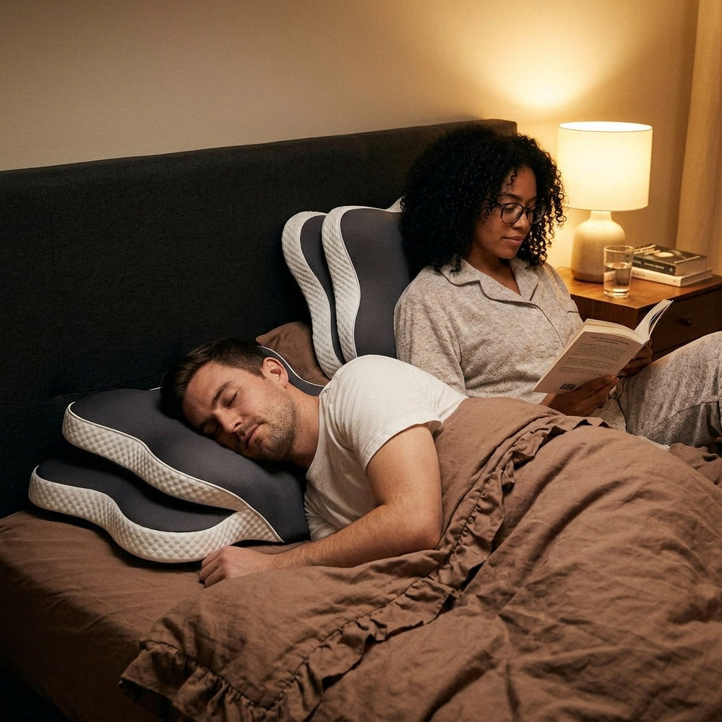 Twee mensen lezen in bed op hun Kuubicle kussen