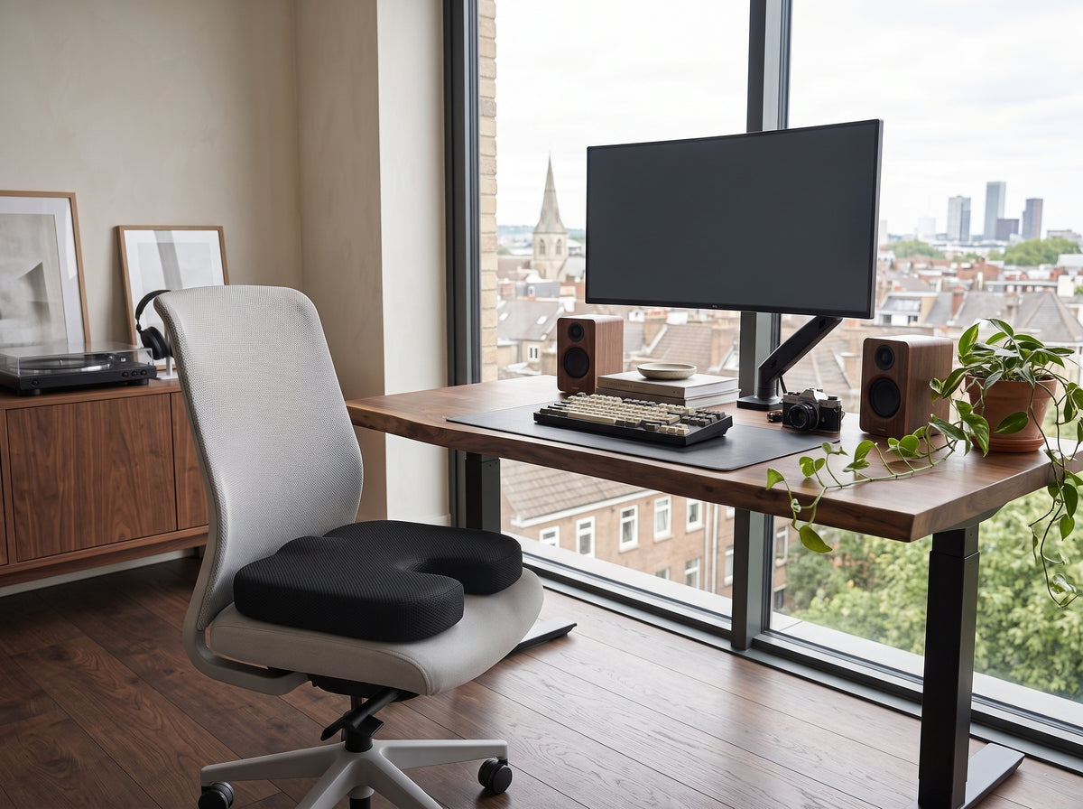 Founder at a calm home desk