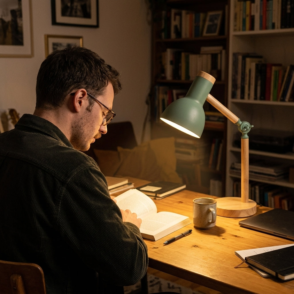 Nordic Wooden Desk Lamp - in use reading evening