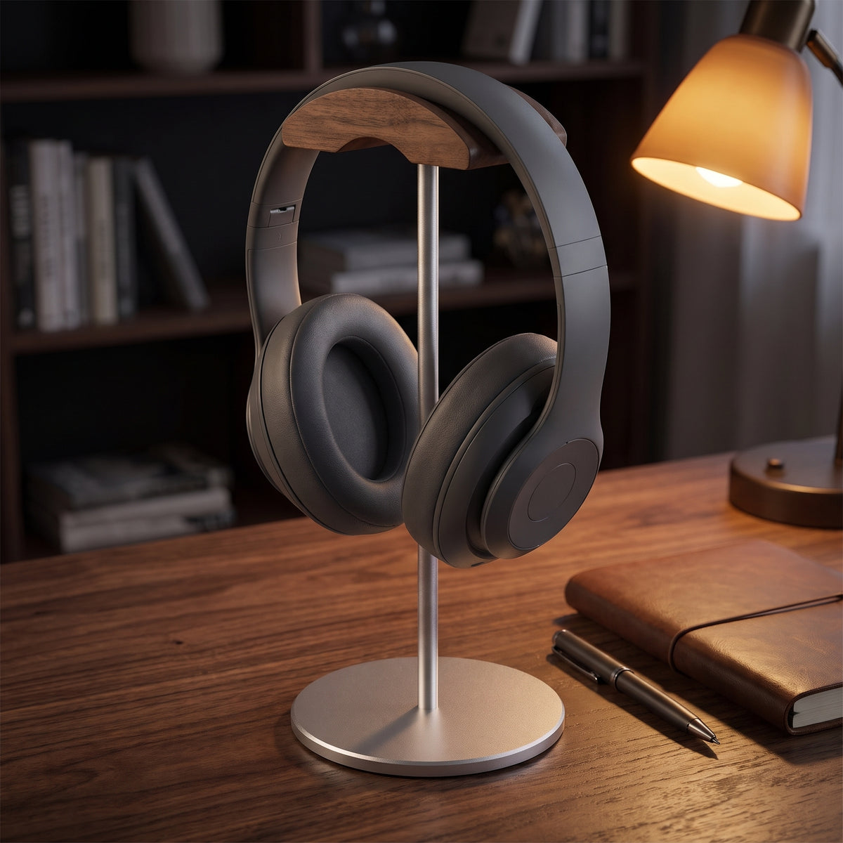 Walnut Headphone Stand - lifestyle evening